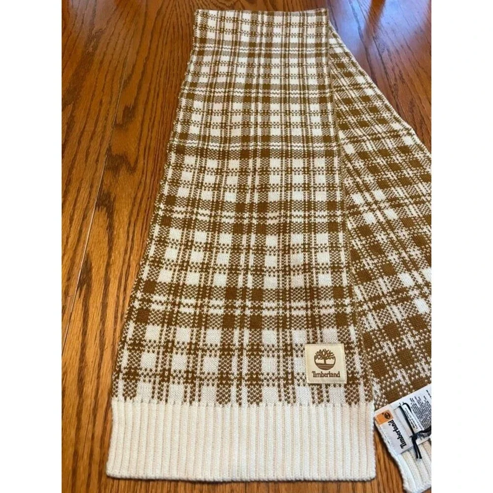Timberland Brown and White Plaid Knit Scarf NWT